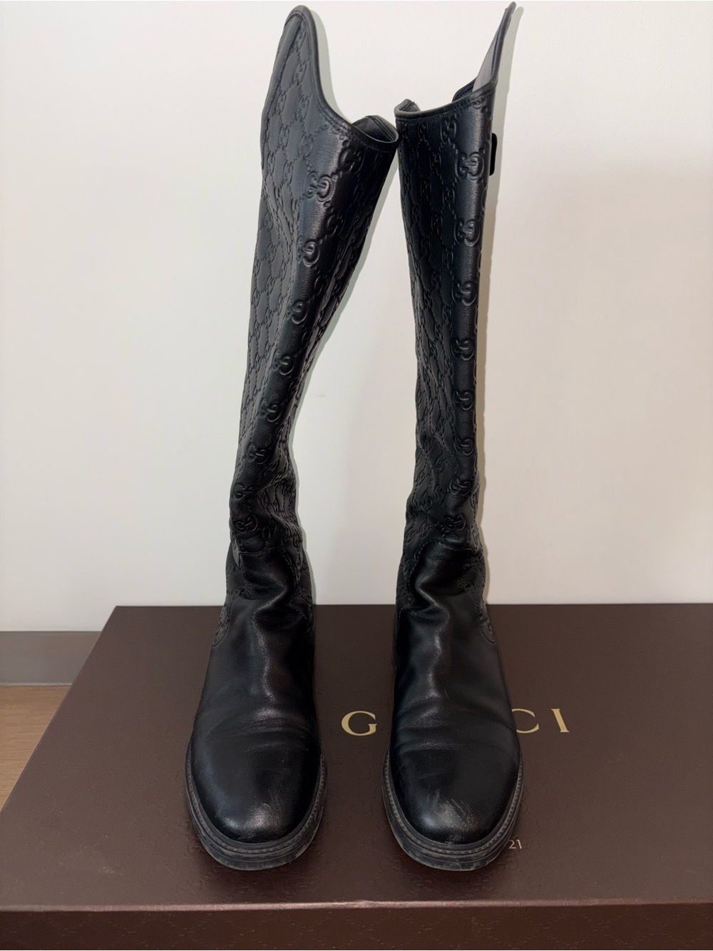 of Gucci Black Guccissima Soft Leather Knee-High Riding Boots Embossed GG